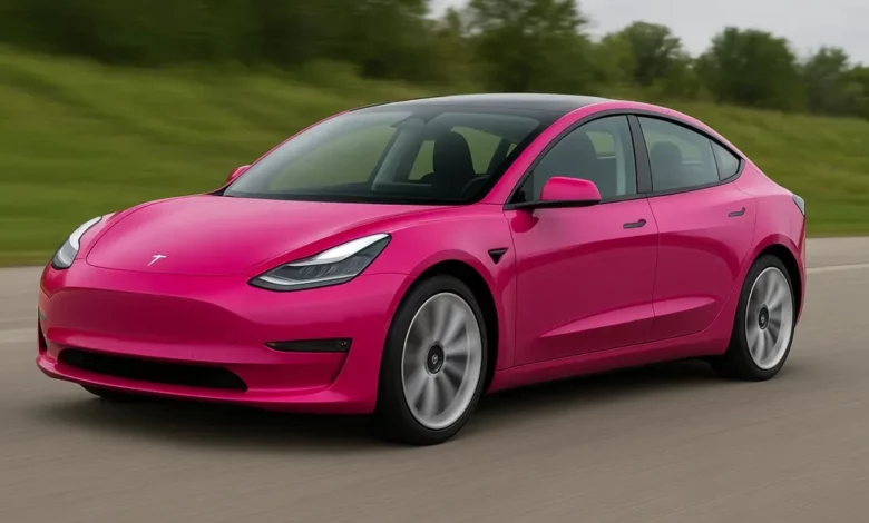 The image features a sleek electric sedan, predominantly in vibrant pink, positioned slightly to the right and in motion alo…