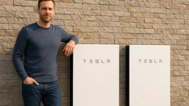 The image depicts a man standing next to two energy storage units installed against a textured stone wall.