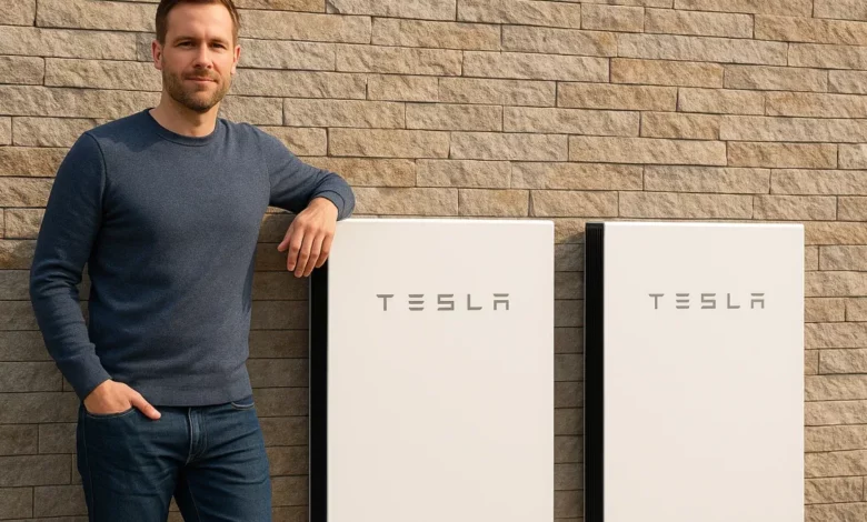 The image depicts a man standing next to two energy storage units installed against a textured stone wall.