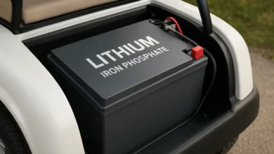 The image shows a close-up view of an electric golf cart's battery compartment, highlighting a substantial lithium iron phos…