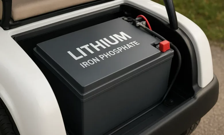 The image shows a close-up view of an electric golf cart's battery compartment, highlighting a substantial lithium iron phos…