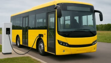 На зображенні видно жовтий електробус, розташований праворуч, біля зарядної станції.