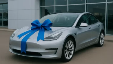 The image features a silver electric vehicle positioned prominently in a car dealership, adorned with a large blue bow on th…