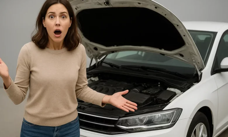 A surprised woman stands in front of a car with its hood open, positioned slightly angled towards the camera.