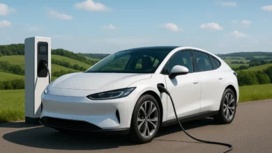 The image features a white electric vehicle parked beside a charging station, with a scenic background of rolling green hill…