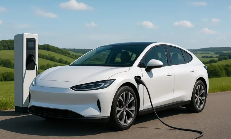 The image features a white electric vehicle parked beside a charging station, with a scenic background of rolling green hill…