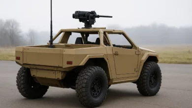 На зображенні представлений військовий безпілотний транспортний засіб, розташований у центрі кадру під легким кутом ззаду.