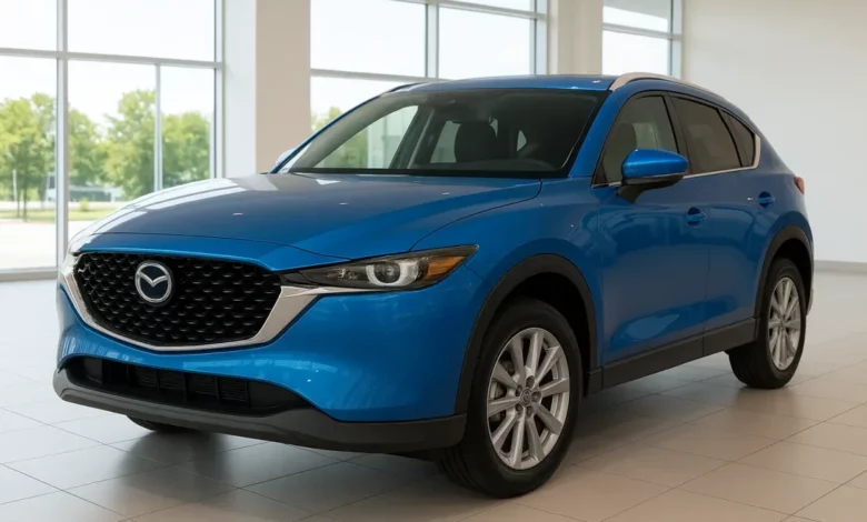 The image depicts a bright, modern car dealership interior featuring a shiny blue vehicle prominently in the foreground.