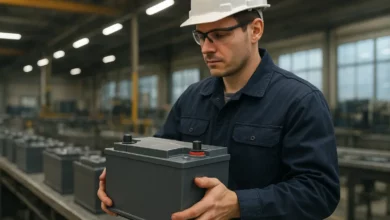 Виробник акумуляторів працює на заводі.