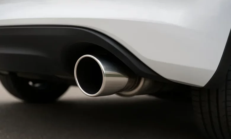 The image features a close-up view of a vehicle's exhaust pipe, positioned prominently in the foreground.