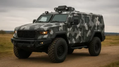 На зображенні зображено сучасний бронеавтомобіль з грозовим камуфляжем, розташований на відкритій місцевості.