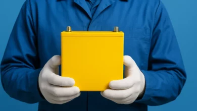In the image, a person wearing blue protective clothing and white gloves is holding a bright yellow rectangular battery or b…