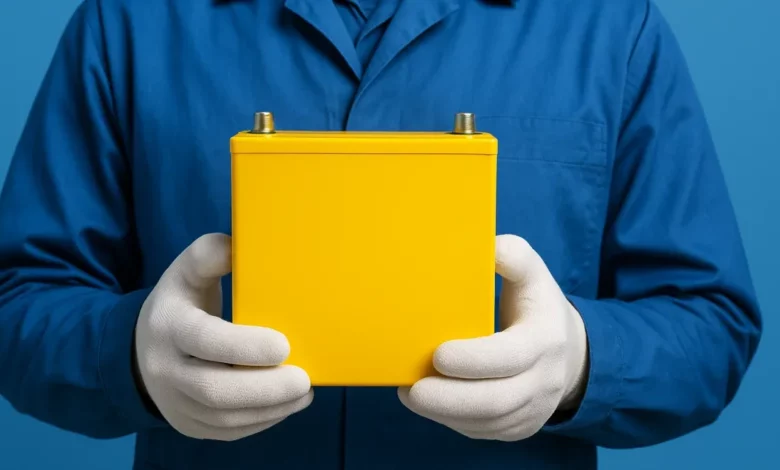 In the image, a person wearing blue protective clothing and white gloves is holding a bright yellow rectangular battery or b…