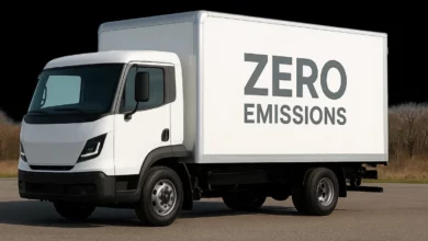 На зображенні представлено електричний вантажний автомобіль, розташований зліва на сцені, з великим логотипом "ZERO EMISSION…
