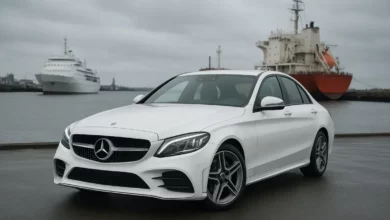 white cars parked by ships