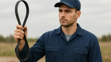 На зображенні молодий чоловік у робочому одязі тримає в руці автомобільний ремінь, який виглядає як елемент механіки.