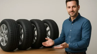 The image shows a man in a blue shirt gesturing towards a row of five different tires positioned on a wooden table.