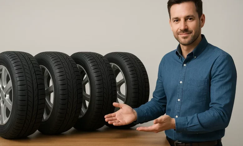 The image shows a man in a blue shirt gesturing towards a row of five different tires positioned on a wooden table.