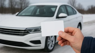 На зображенні зображено руку, що простягає білу картку з автомобіля.