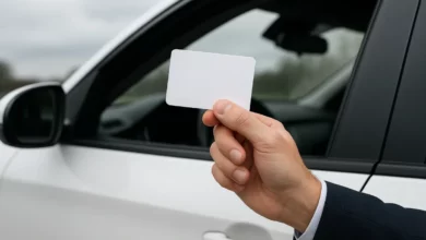 У зображенні видно чоловічу руку, яка тримає білу картку, виставлену через вікно автомобіля.
