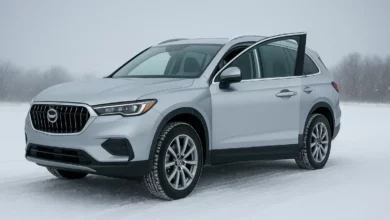 The image features a silver SUV with its driver's side door open, positioned slightly to the right of the frame.