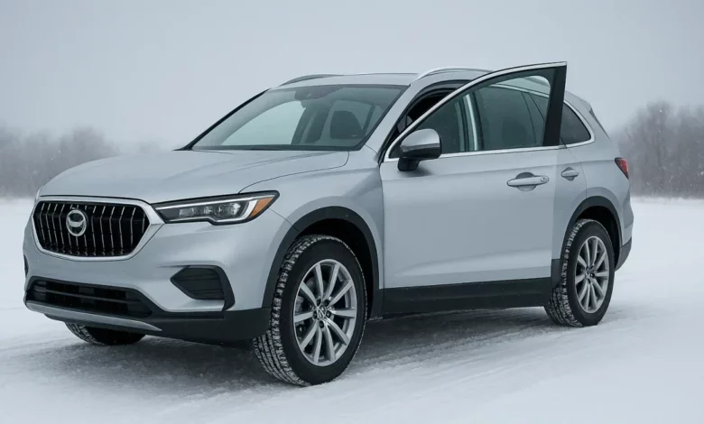The image features a silver SUV with its driver's side door open, positioned slightly to the right of the frame.