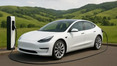 The image depicts a white electric vehicle parked at a charging station, situated in a scenic landscape of rolling green hil…