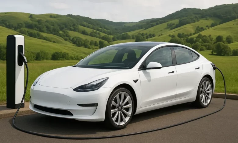 The image depicts a white electric vehicle parked at a charging station, situated in a scenic landscape of rolling green hil…