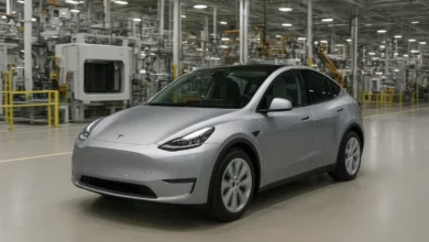 The image depicts a modern industrial setting, likely a manufacturing facility for electric vehicle batteries.