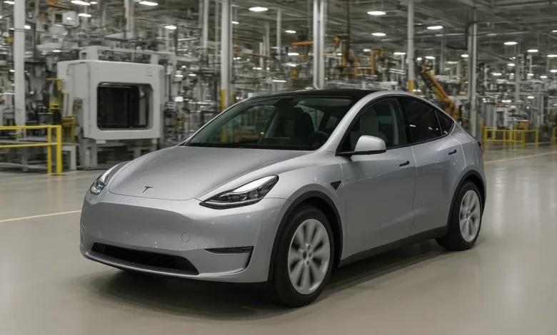 The image depicts a modern industrial setting, likely a manufacturing facility for electric vehicle batteries.