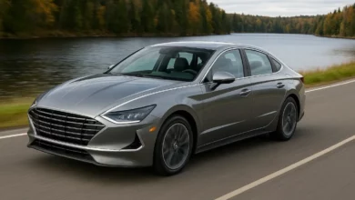 У зображенні показано сучасний автомобіль, що рухається по звивистій дорозі біля водойми.