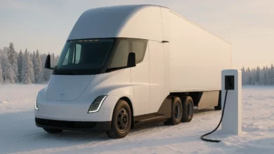 On a snowy landscape, a large electric truck, positioned prominently in the foreground, is parked next to a charging station.