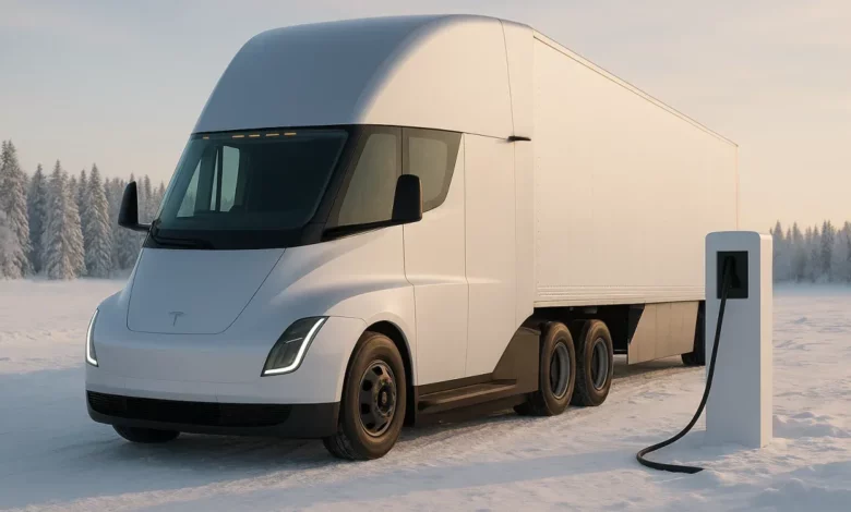 On a snowy landscape, a large electric truck, positioned prominently in the foreground, is parked next to a charging station.