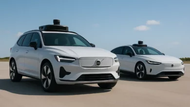 The image features two autonomous vehicles, positioned prominently in the foreground.