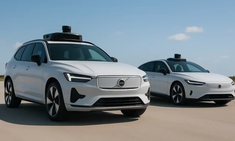 The image features two autonomous vehicles, positioned prominently in the foreground.