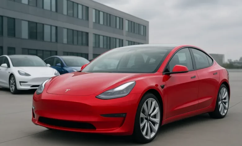The image showcases a lineup of electric vehicles in a modern urban setting, with a prominent red sports car positioned in t…