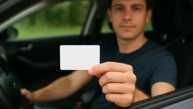 The image depicts a close-up view of a person inside a car, focusing on their hand extending a blank card towards the camera.