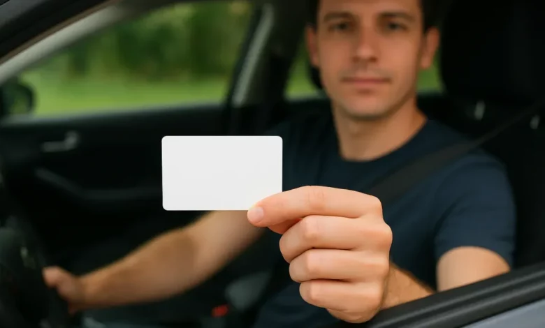 The image depicts a close-up view of a person inside a car, focusing on their hand extending a blank card towards the camera.