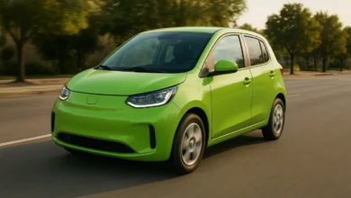 Зображений автомобіль - компактний екологічний електромобіль яскравого зеленого кольору, який рухається по вулиці.