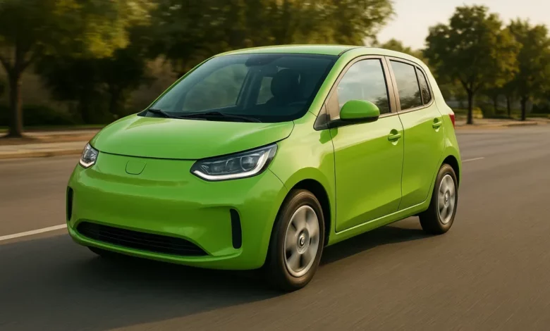 Зображений автомобіль - компактний екологічний електромобіль яскравого зеленого кольору, який рухається по вулиці.