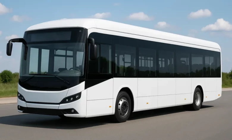 The image features a modern electric bus, prominently parked on a smooth road.