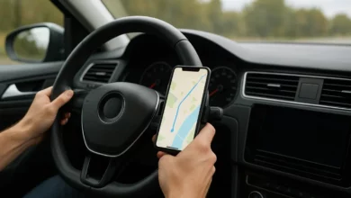 The image depicts the interior of a car with a close-up view of a driver's hands on the steering wheel and a smartphone moun…