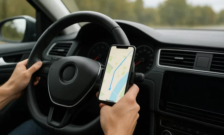 The image depicts the interior of a car with a close-up view of a driver's hands on the steering wheel and a smartphone moun…
