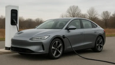 На зображенні видно сучасний автомобіль сірого кольору, який стоїть біля електричної зарядної станції.
