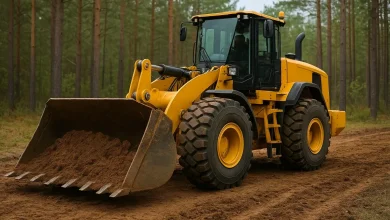 На зображенні зображено великогабаритний ґрунтовий апарат, який працює в лісовому районі.