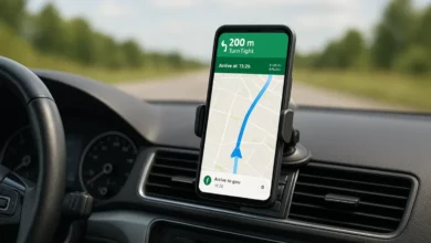 The image features the interior of a vehicle, focusing on a smartphone mounted on the dashboard, displaying a navigation app.