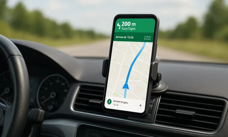 The image features the interior of a vehicle, focusing on a smartphone mounted on the dashboard, displaying a navigation app.