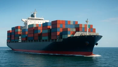 The image depicts a large container ship sailing in a body of water, positioned prominently in the foreground.