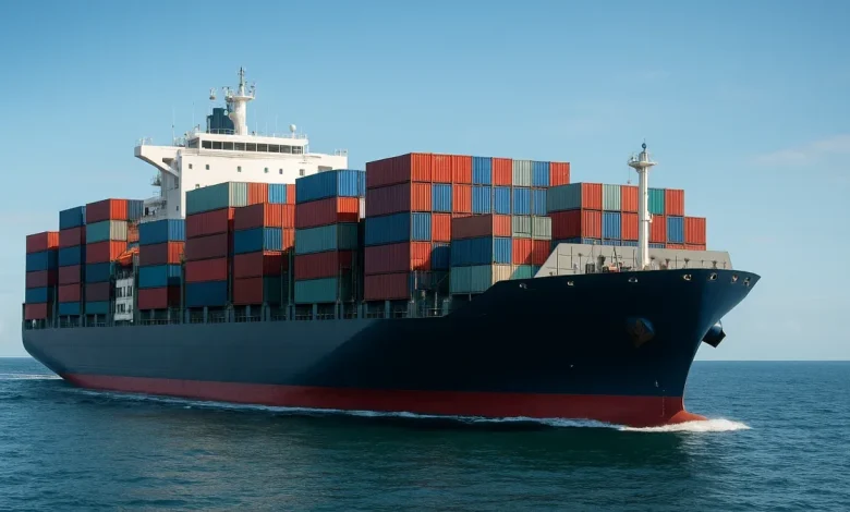 The image depicts a large container ship sailing in a body of water, positioned prominently in the foreground.