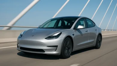 На зображенні видно сучасний електричний автомобіль, який рухається по мосту.